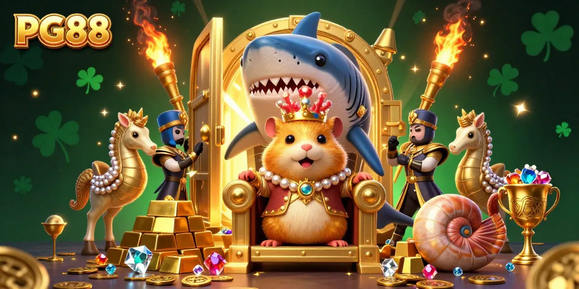 Engage in betting excitement with PG88's vibrant 3D illustration of a golden hamster king on a shark throne surrounded by treasures.