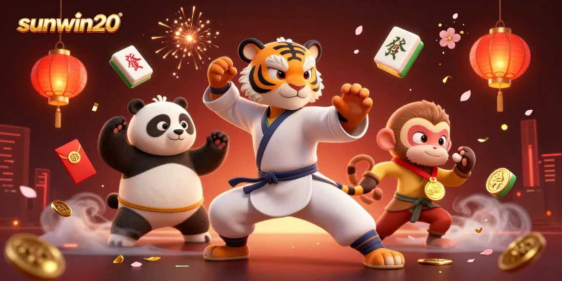Experience sunwin20 excitement with a kung fu tiger and panda amid dynamic casino elements.