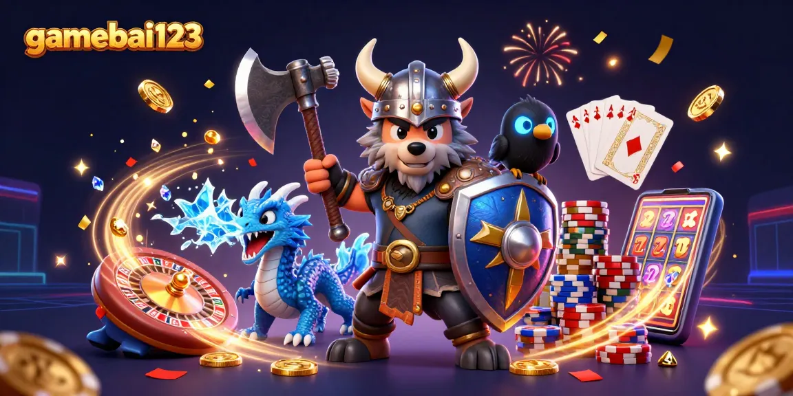 Experience thrilling gameplay with gamebai123 featuring a heroic Viking wolf warrior and magical dragon in an exciting casino scene.