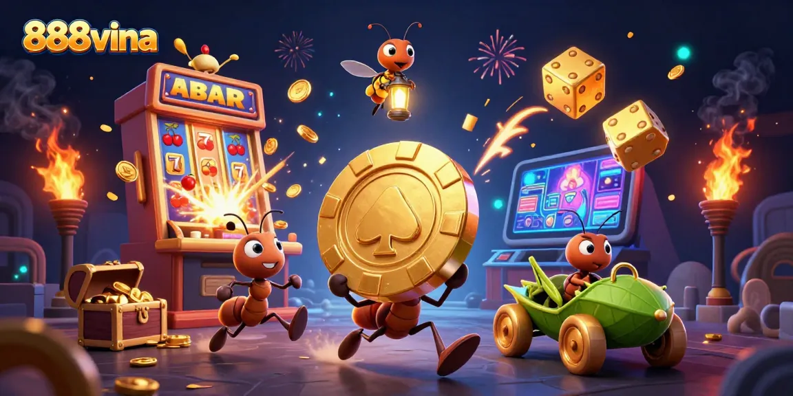 Engage with 888vina's thrilling heist scene, showcasing ants carrying a giant poker chip amid vibrant casino elements.