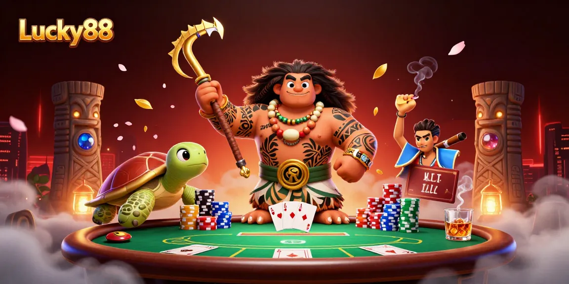 Play poker at Lucky88 with cartoon demigod and turtle, vibrant casino scene.