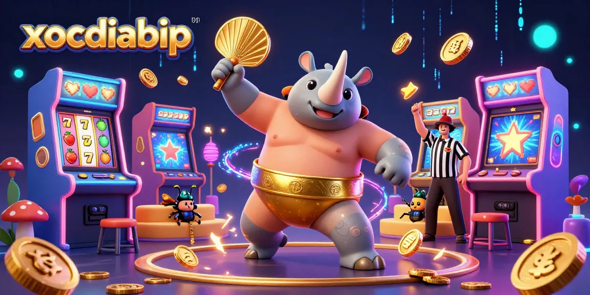 xocdiabip showcases a lively casino scene with a cartoon beetle champion and slot machines.
