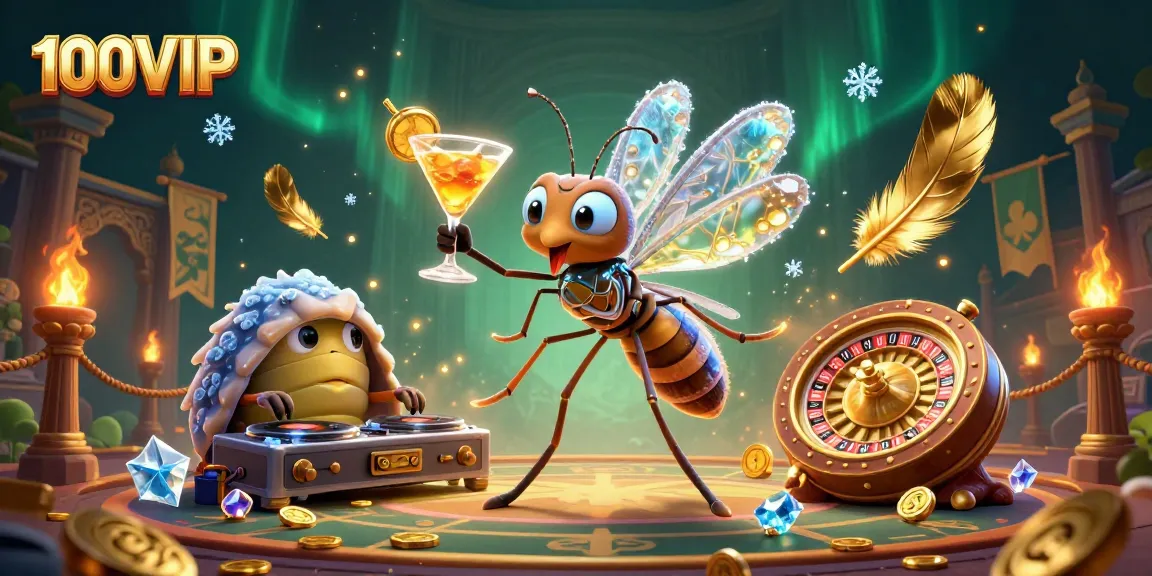 Engage with 100VIP's vibrant casino scene featuring a unique mosquito mascot, trilobite DJ, and golden roulette wheel.