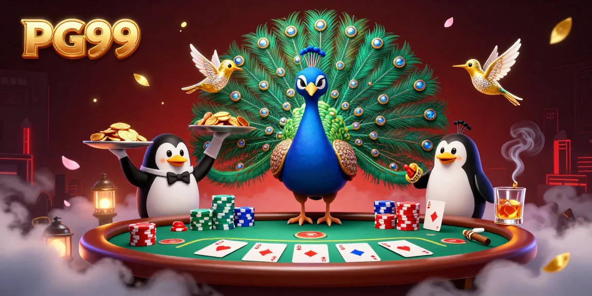 Experience PG99 with vibrant casino characters amid poker excitement and golden chips.
