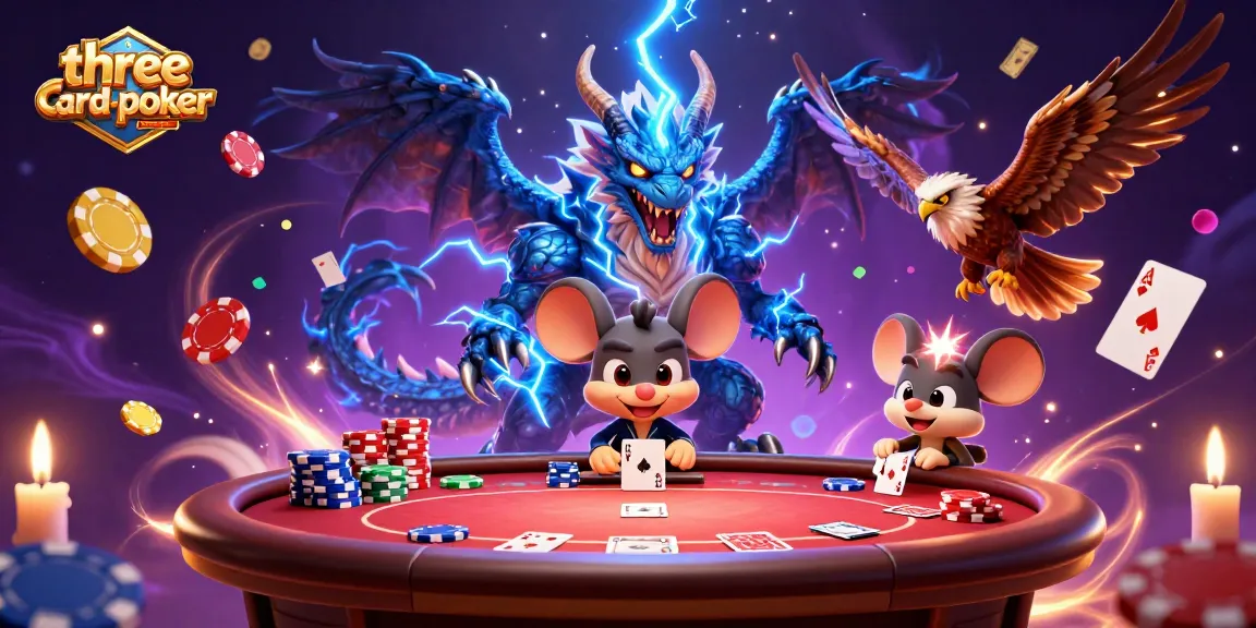 Experience the excitement of three-card-poker with dynamic characters and casino elements in a captivating scene.
