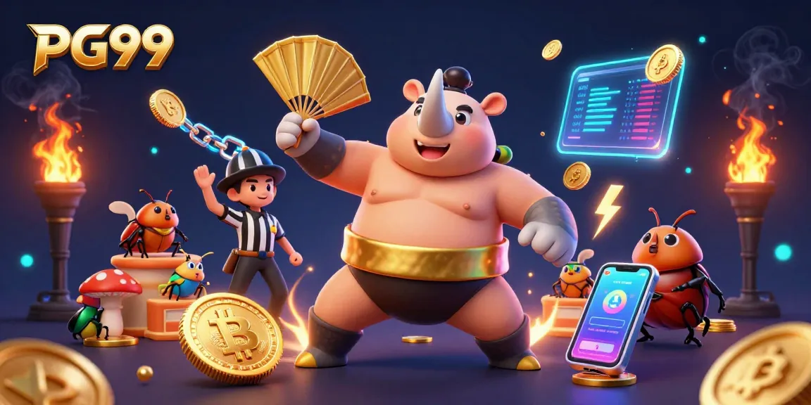 Experience the thrill of PG99 with a dynamic casino illustration featuring exciting characters and gambling elements.