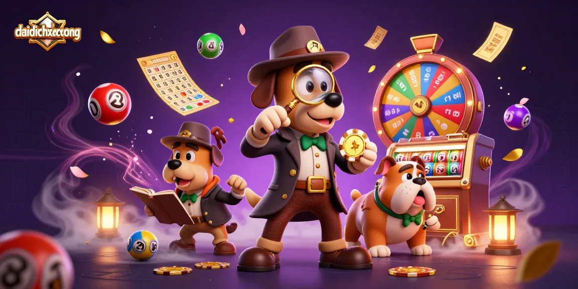 Vibrant scene with daidichxacsong characters uncovering poker chip clue amidst dynamic lottery elements.