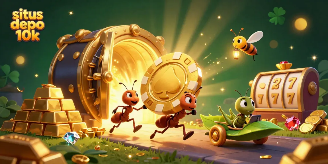 Experience excitement with situs depo 10k as ants carry a giant poker chip amidst a treasure scene.