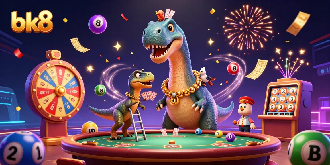 Engage with bk8's vibrant lottery celebration featuring a giant brontosaurus and clever raptor dealer.