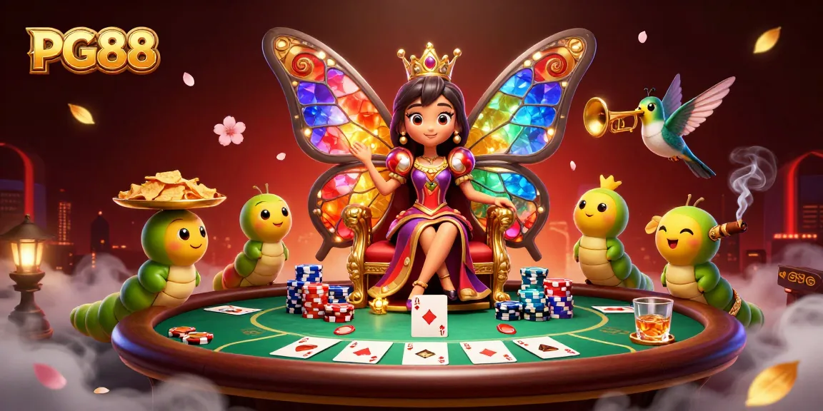 Experience thrilling gaming action at PG88 with the vibrant butterfly queen amid colorful poker elements.