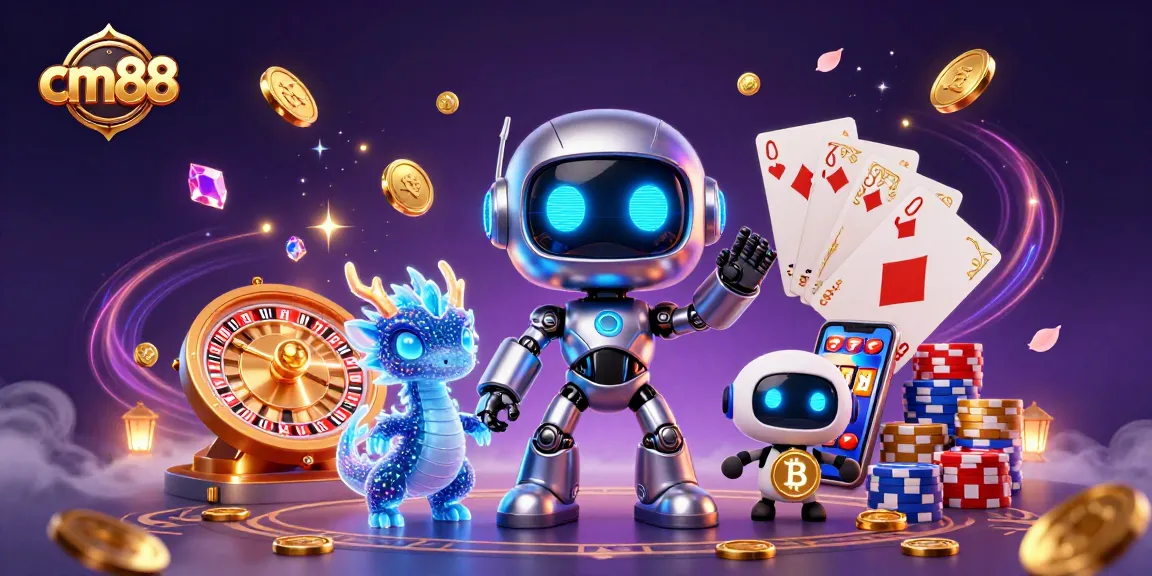 Join the excitement at cm88 with a robot mascot, holographic dragon, and bitcoin drone amidst casino action.