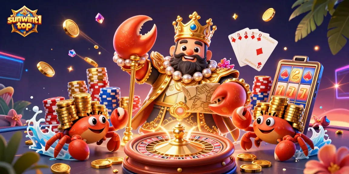 Spin and win with sunwint1 top, featuring a golden crab emperor amidst vibrant casino elements.