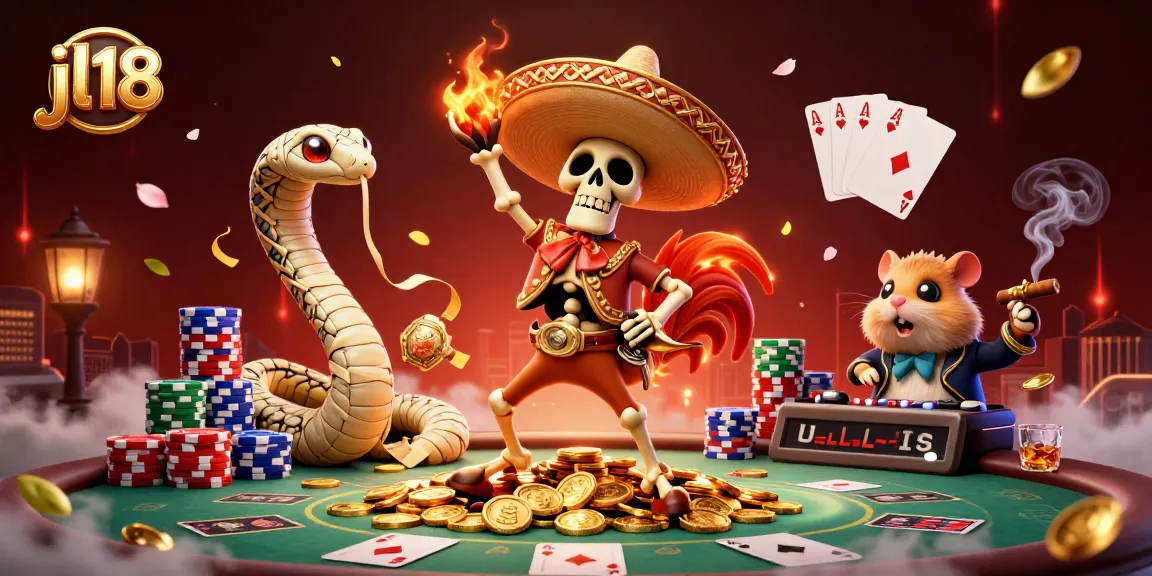 Experience the vibrant jl18 casino scene with animated characters enjoying a festive victory dance amidst poker action and gold.