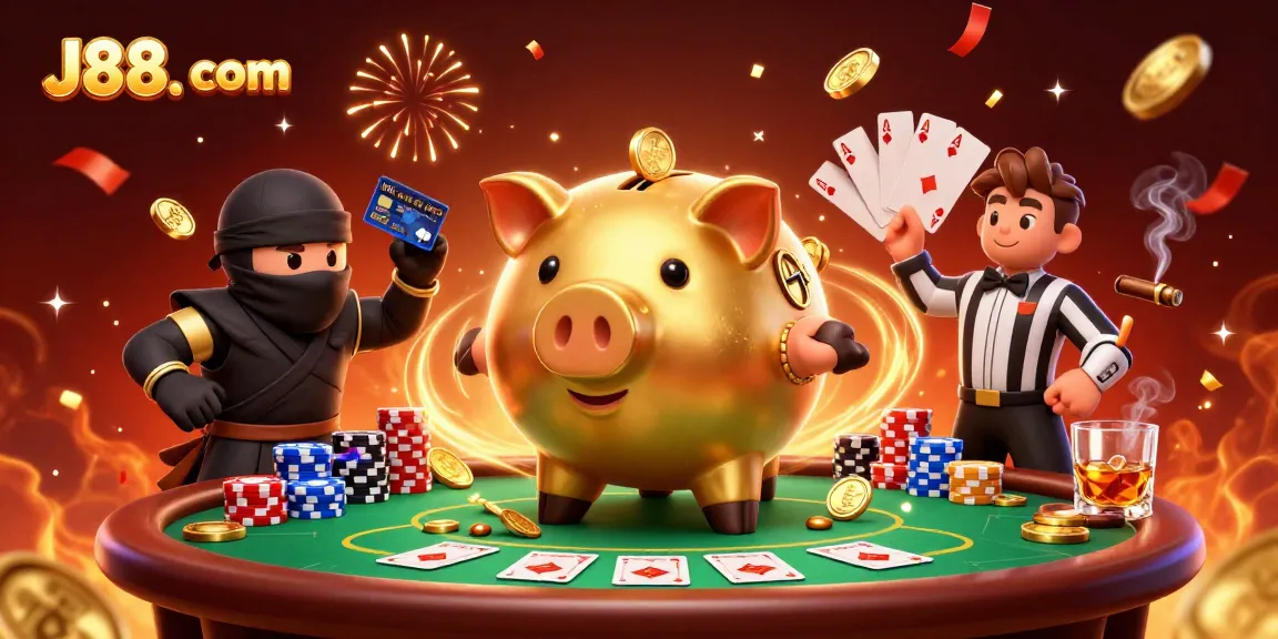 Experience the thrill at J88. com with a vibrant 3D illustration featuring a sumo wrestler wielding coins.
