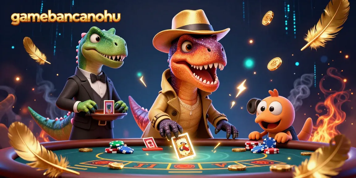 gamebancanohu showcases a hidden velociraptor at a blackjack table in a bustling casino scene.