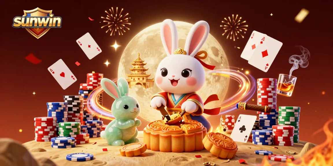 Sunwin delights players with a vibrant scene of a lunar-themed poker game, featuring animated folklore characters.