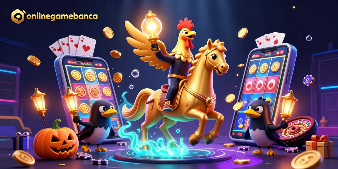 Engage in thrilling slot adventures with onlinegamebanca featuring a golden rooster in a vibrant casino scene.