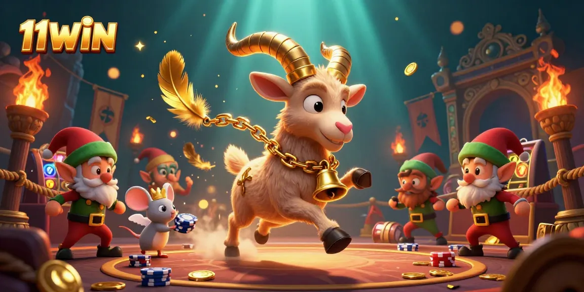 11WIN presents an enchanting 3D cartoon casino scene with Krampus goat and festive elements.
