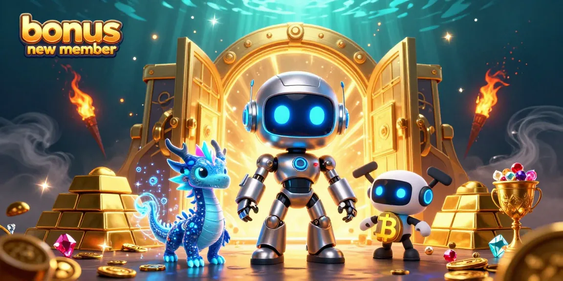 Engage with the bonus new member promotion featuring a vibrant 3D casino illustration with gold treasures.