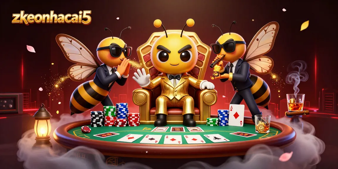 Engaging scene with zkeonhacai5's cartoon bumblebee mob boss at poker table surrounded by vibrant casino elements.