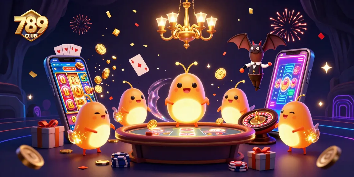 Experience the thrill of 789CLUB in a dazzling cave casino with vibrant games and a bat dealer!