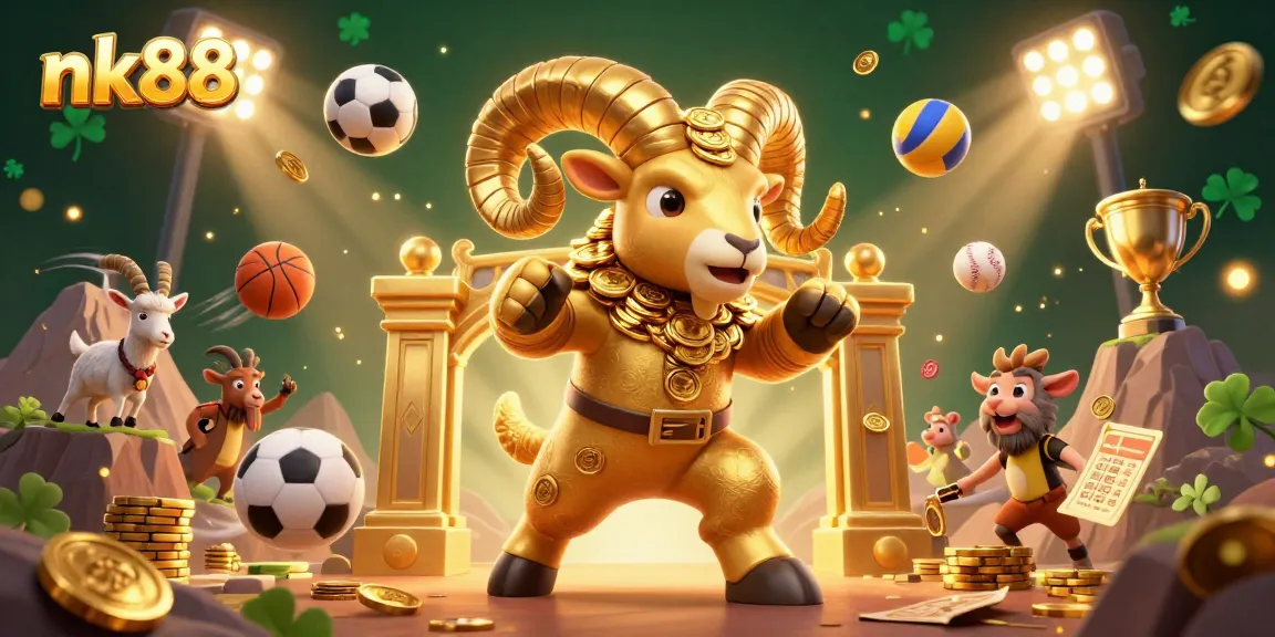 Experience nk88’s thrilling casino action with a golden ram charging through a vibrant sports scene.