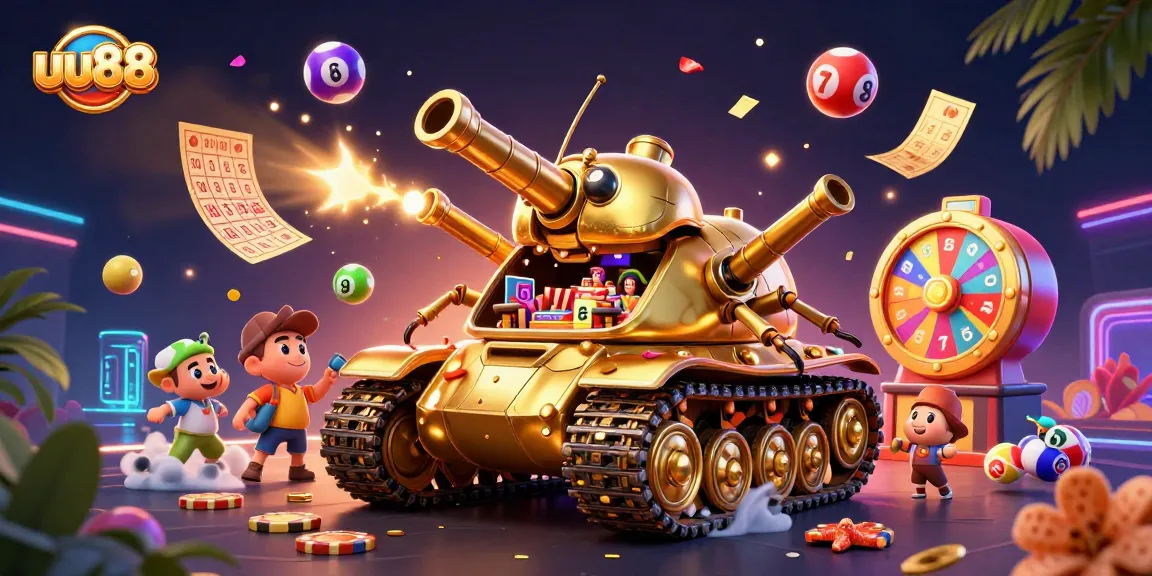 uu88 presents an energetic casino scene with a golden beetle tank bursting with vibrant lottery elements and confetti.