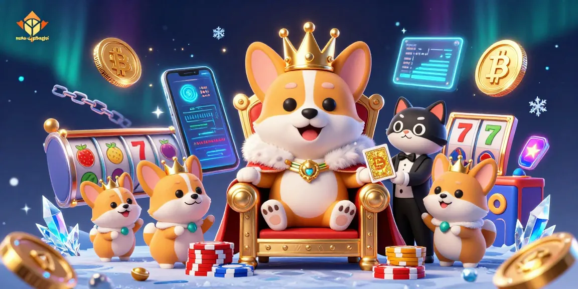 Nohu-cupthegioi features a royal corgi on poker chips amidst Bitcoin and Ethereum coins in a vibrant casino setting.