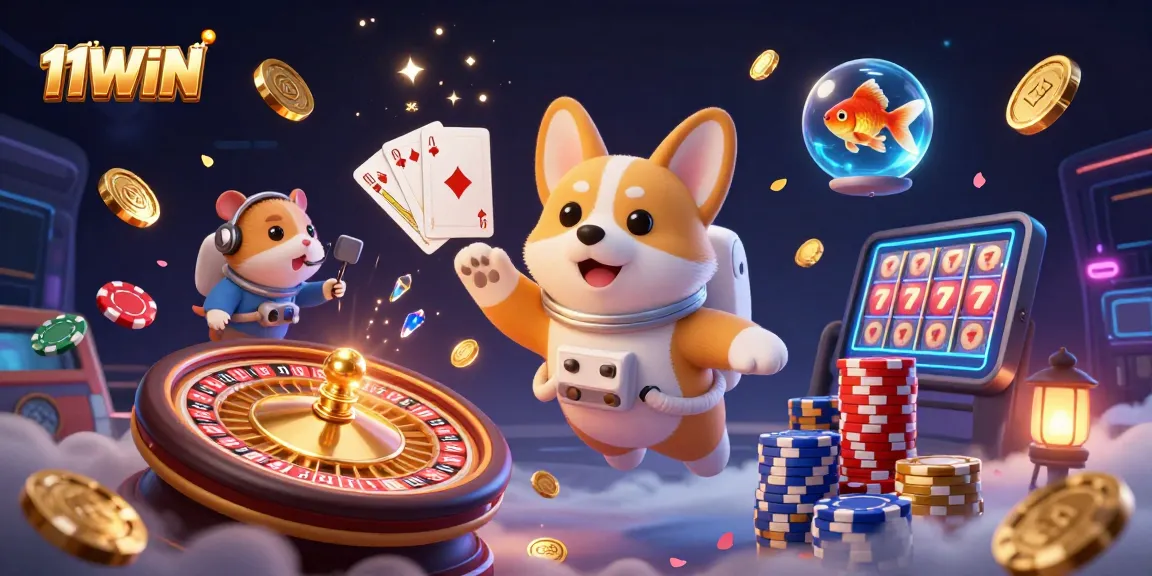 11WIN takes center stage with a vibrant casino scene featuring unique characters and dynamic game elements.