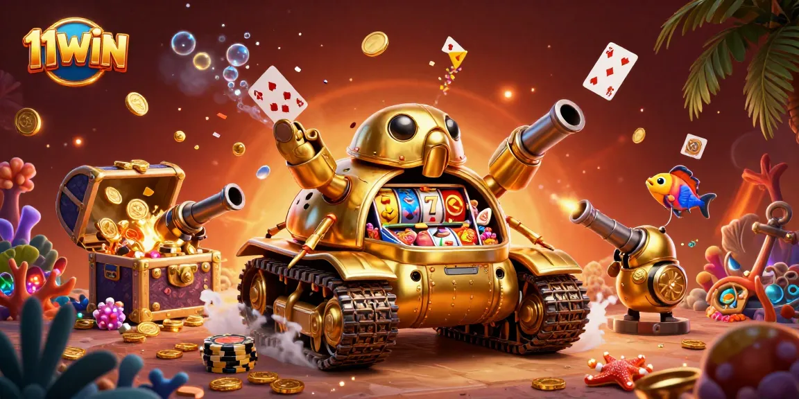 Experience the thrilling 11WIN casino adventure inside a golden beetle tank filled with games and treasures.