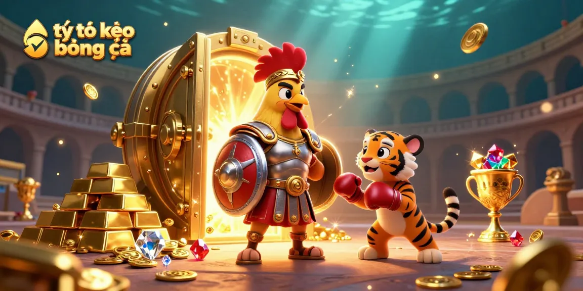 Engage in the action of tỷ lệ kèo bóng đá with a celestial scene featuring a victorious gladiator rooster and treasure.