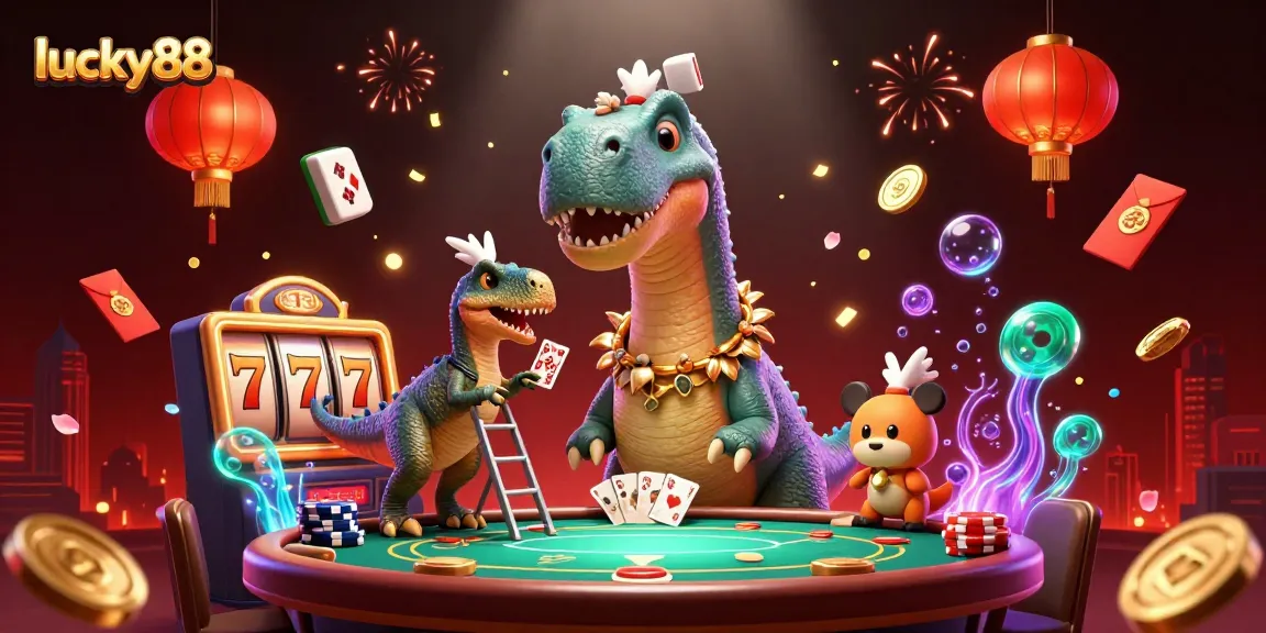 Engage in thrilling gameplay at lucky88 with the cartoon dinosaur overseeing poker and slot games.