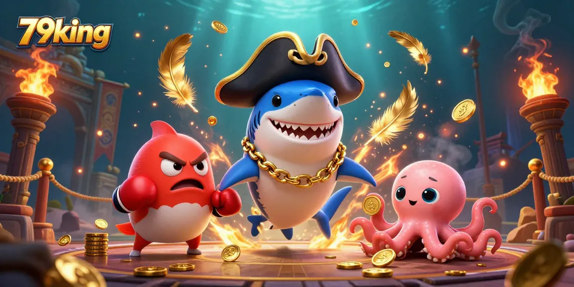 Engage with 79king at a vibrant casino scene featuring a playful shark, pufferfish, and octopus amidst gold coins and betting tokens.