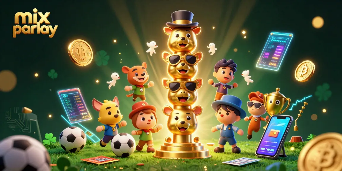 Bet on mix parlay strategies with dynamic sports elements and cryptocurrency features in a vibrant 3D illustration.