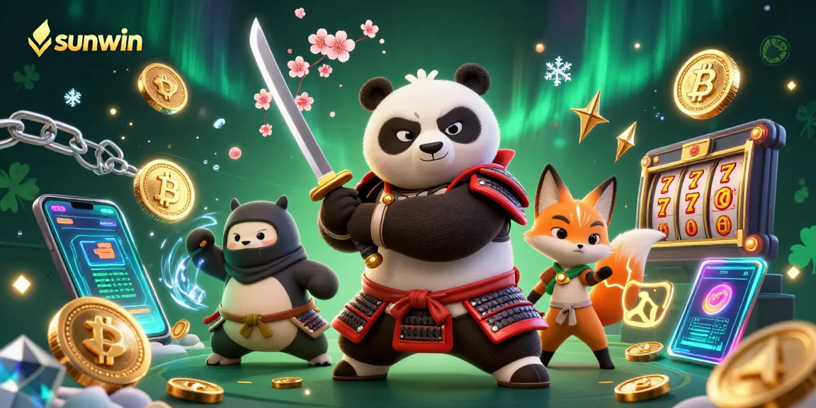 Experience sunwin's excitement with a daring samurai panda and ninja fox amid vibrant casino elements.