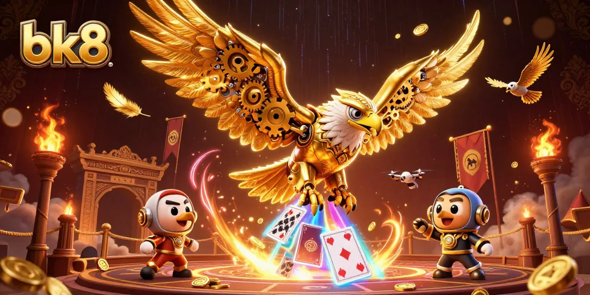 Experience the thrill of bk8 with a stunning cybernetic eagle diving through holographic cards.
