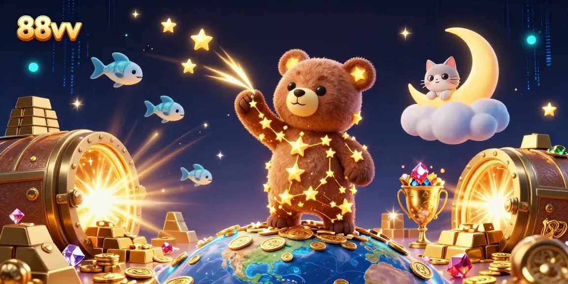 Engage with 88vv by exploring a magical casino scene with treasure and celestial characters.