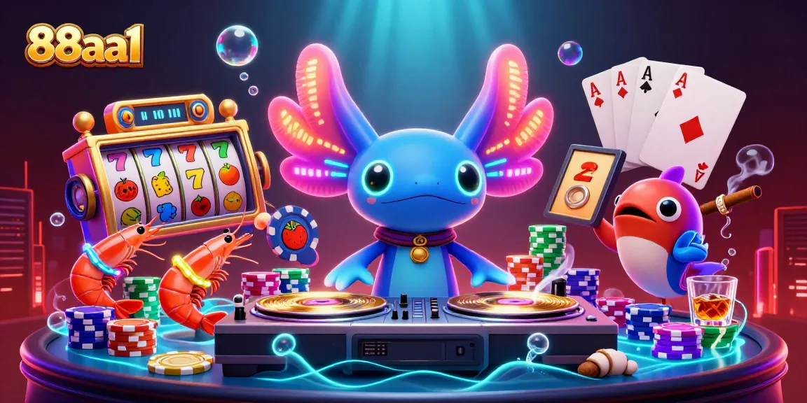 Experience the thrill of gaming with 88aa1 in a vibrant online casino scene of axolotl DJ and lucky slot reels.