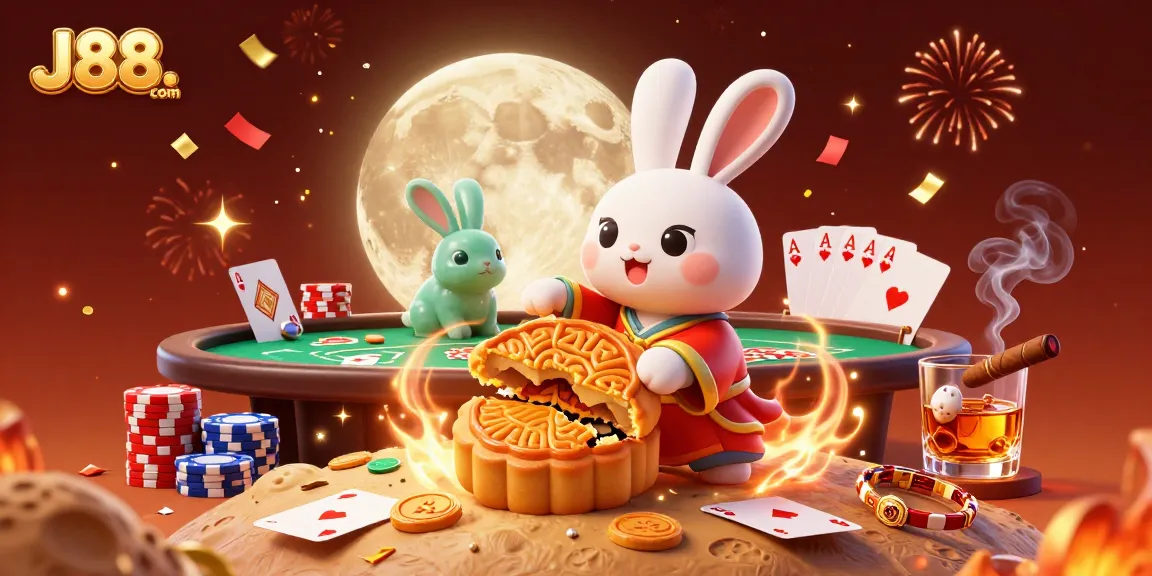 Engage with poker action at J88. com with a moon rabbit and poker elements in a festive scene.