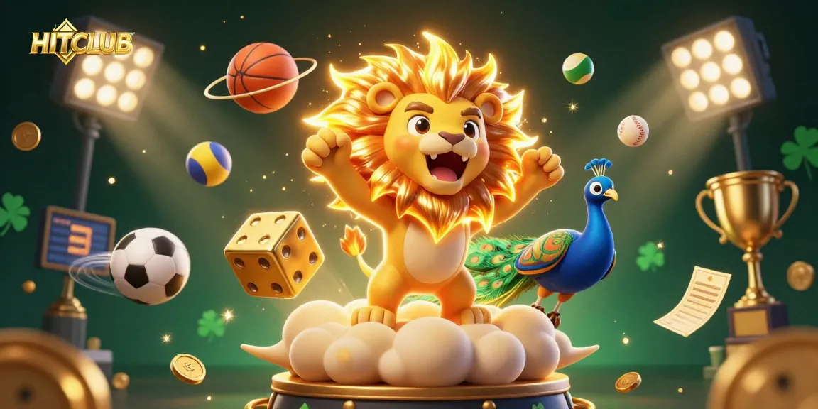Experience the thrill of HITCLUB with casino elements and vibrant characters in this dynamic 3D illustration.