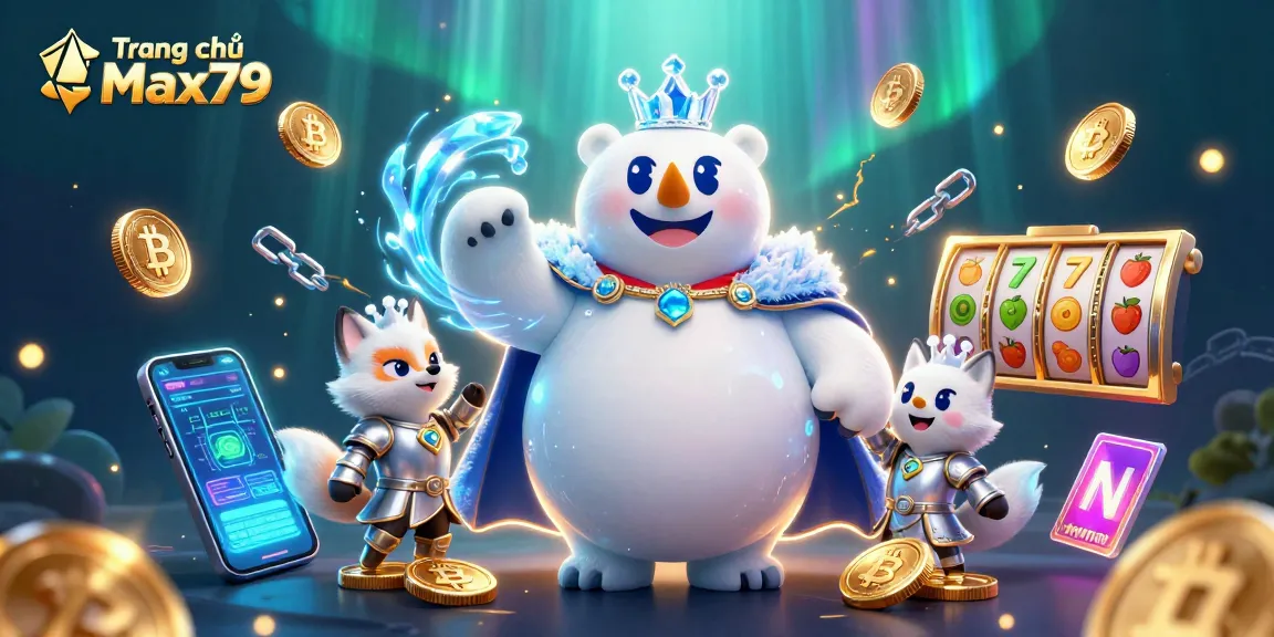 Engage with Trang chủ Max79's vibrant slots action featuring a royal polar bear and fox in a crypto-themed illustration.