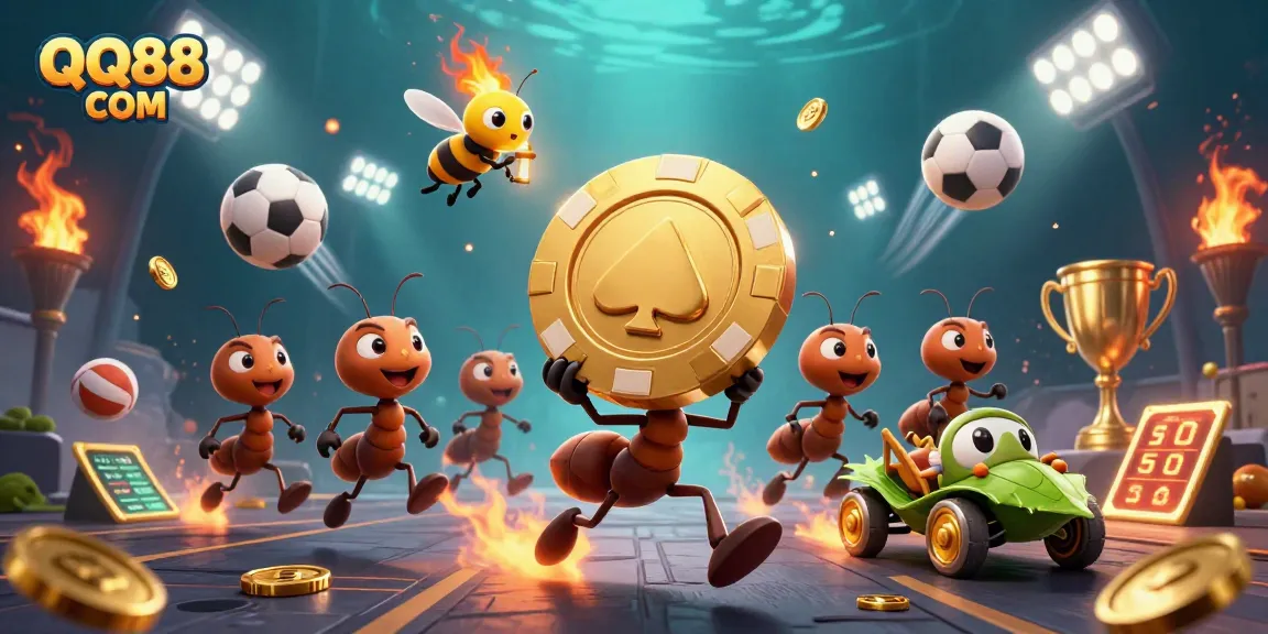 Engaging in thrilling gameplay at QQ88 COM, with ants stealing a giant poker chip amidst dynamic sports action.