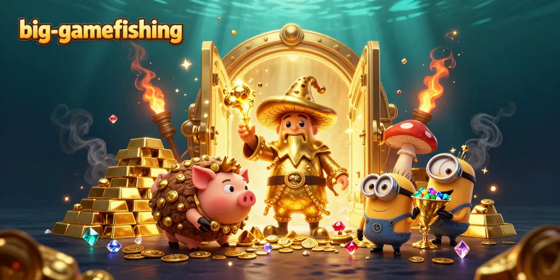Engage in big-gamefishing with a magical wizard surrounded by treasure and vibrant casino elements.