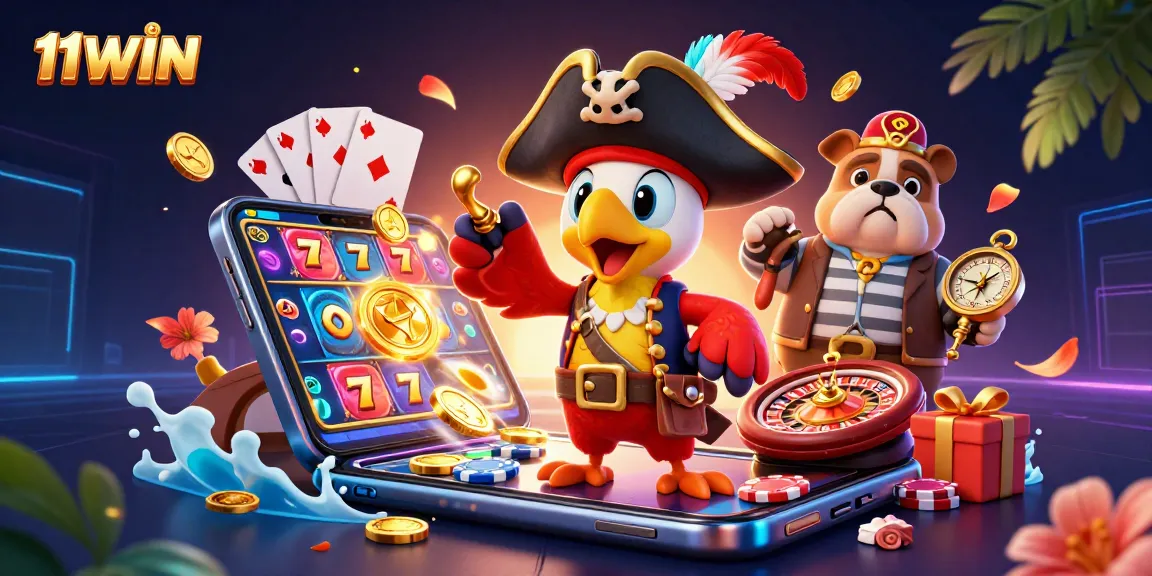 Engage in thrilling gameplay at 11WIN with colorful slots, golden coins, and vibrant casino elements.