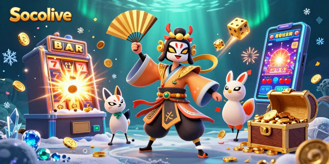 Socolive presents a vibrant 3D scene filled with a kabuki warrior, kitsune mask, and slot machine elements showcasing thrilling casino excitement.
