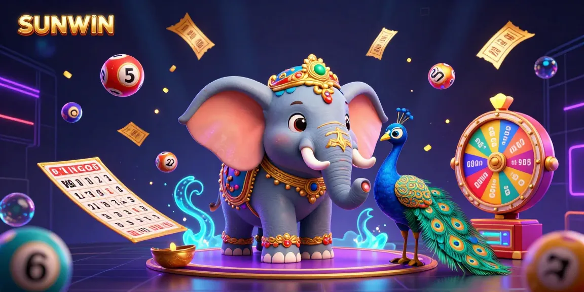 SUNWIN offers thrilling gameplay as a lively elephant and peacock celebrate with vibrant lottery elements in a dynamic casino scene.