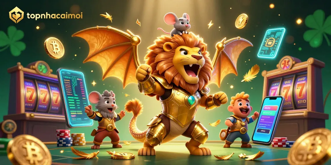 Experience topnhacaimoi with a thriving casino scene featuring a chimera and vibrant crypto elements.