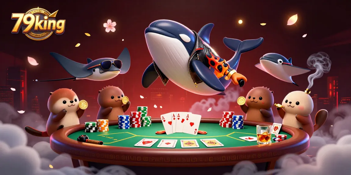 Experience excitement at 79king with otters holding golden coins around a vibrant casino scene.